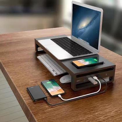 Obrazek z Metalowy stojak na monitor z portami USB i ładowaniem bezprzewodowym