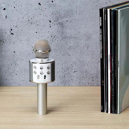 Obrazek z Bezprzewodowy mikrofon karaoke z głośnikiem i Bluetooth srebrny