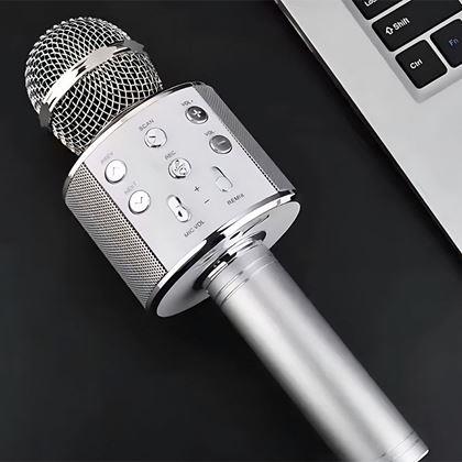 Obrazek z Bezprzewodowy mikrofon karaoke z głośnikiem i Bluetooth srebrny