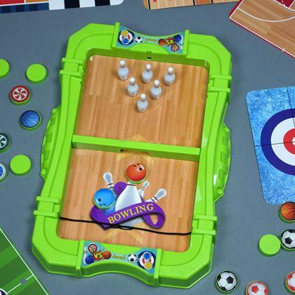 Obrazek z Zestaw sportowych gier stołowych 6w1 – piłka nożna, koszykówka, curling, wyścigi, kręgle, bowling