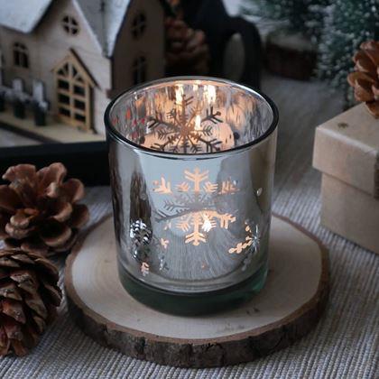 Obrazek z Szklany świecznik bożonarodzeniowy na tealight -  płatki śniegu