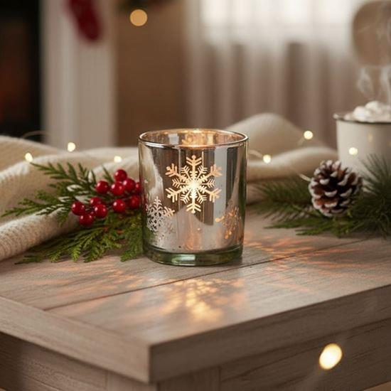 Obrazek z Szklany świecznik bożonarodzeniowy na tealight -  płatki śniegu