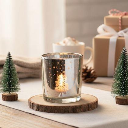 Obrazek z Szklany świecznik bożonarodzeniowy na tealight -  zimowy las