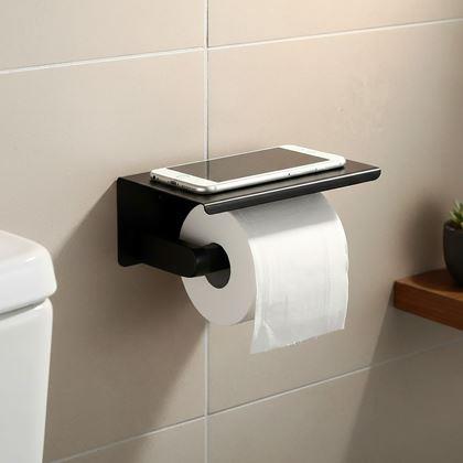 Obrazek z Metalowy uchwyt na papier toaletowy z półką na odłożenie