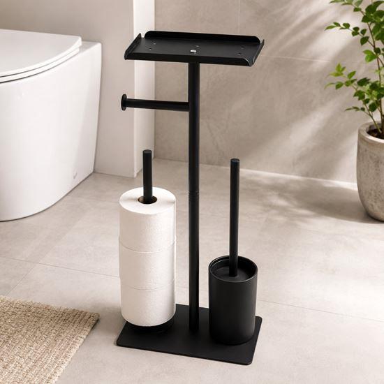 Obrazek z Metalowy czarny stojak na papier toaletowy z szczotką do WC